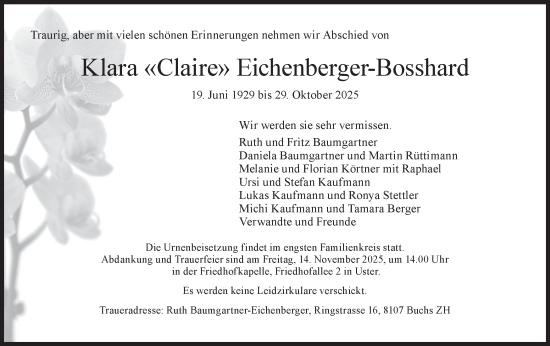 Traueranzeige von Klara Eichenberger von AvU