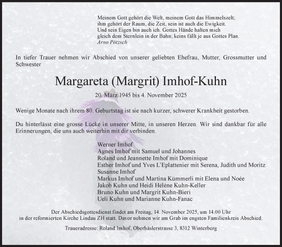 Traueranzeige von Margareta Imhof-Kuhn von AvU
