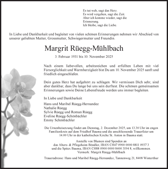 Traueranzeige von Margrit Rüegg-Mühlbach von AvU