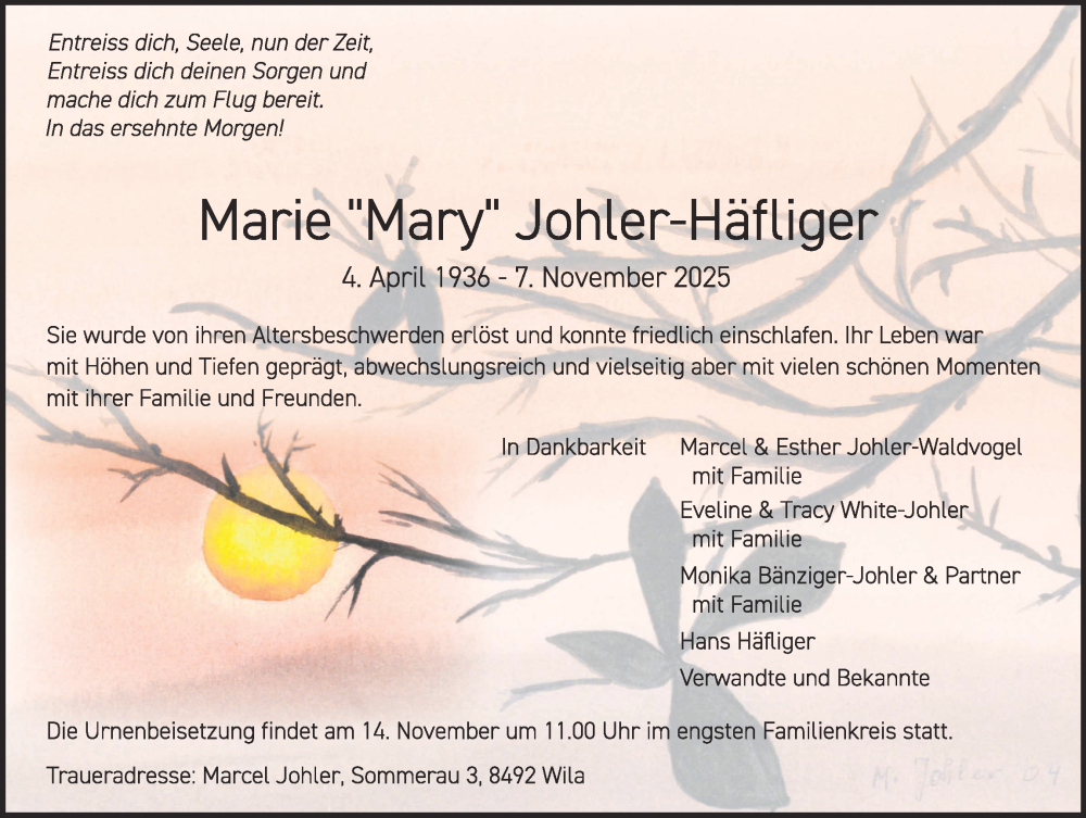  Traueranzeige für Marie Johler-Häfliger vom 12.11.2025 aus AvU