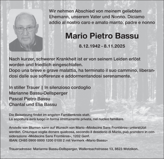Traueranzeige von Mario Pietro Bassu von AvU