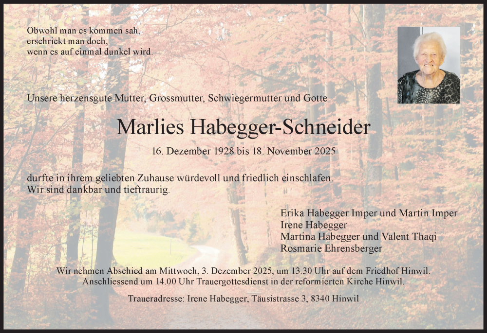  Traueranzeige für Marlies Habegger vom 26.11.2025 aus AvU