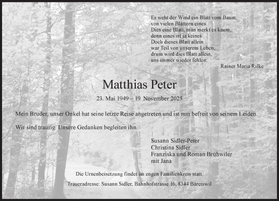 Traueranzeige von Matthias Peter von AvU
