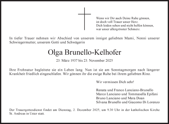 Traueranzeige von Olga Brunello-Kelhofer von AvU