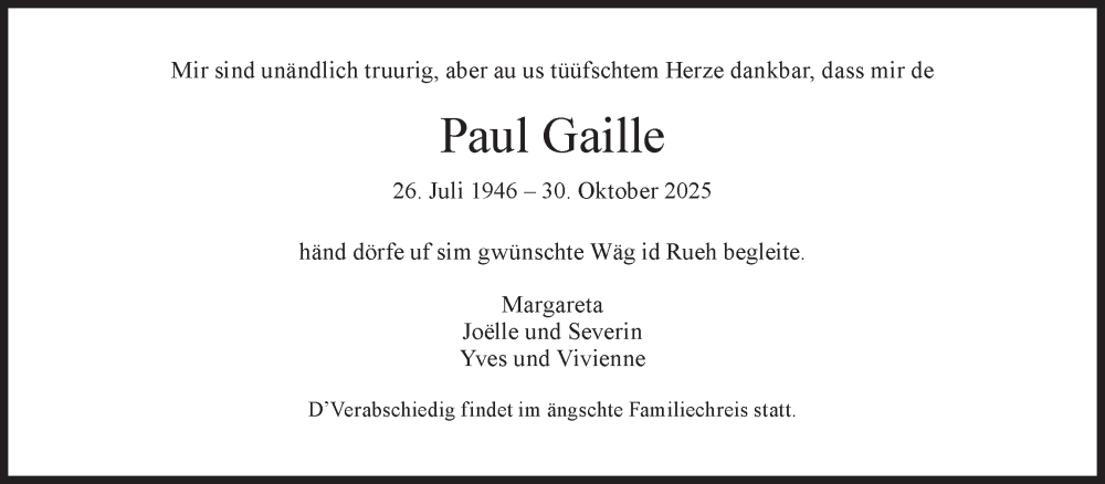  Traueranzeige für Paul Gaille vom 04.11.2025 aus AvU