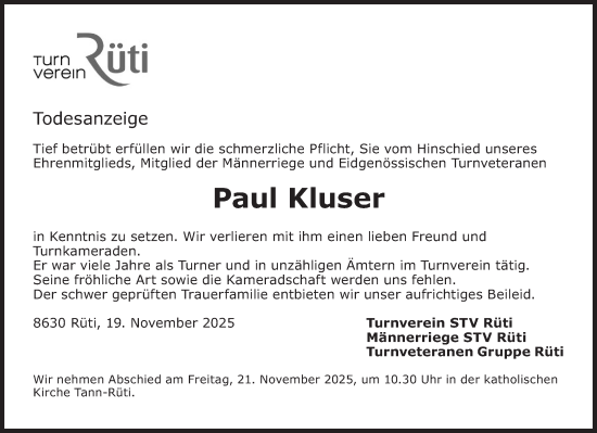 Traueranzeige von Paul Kluser von AvU
