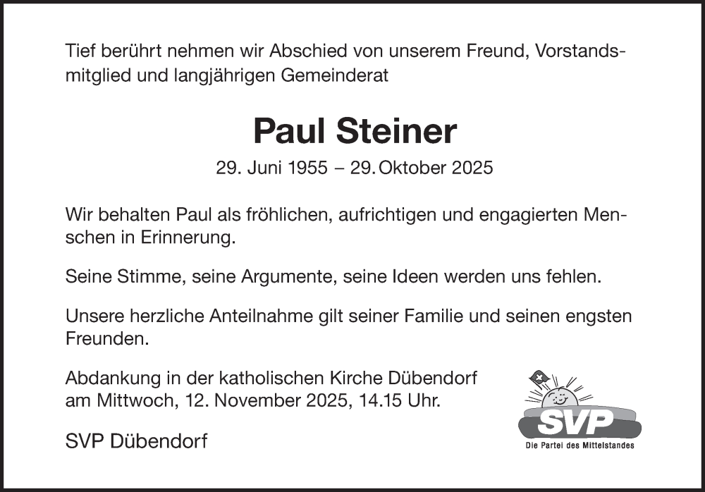  Traueranzeige für Paul Steiner vom 07.11.2025 aus GL solo