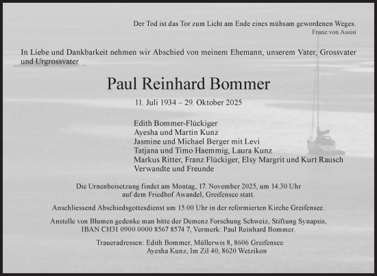 Traueranzeige von Paul Reinhard Bommer von AvU