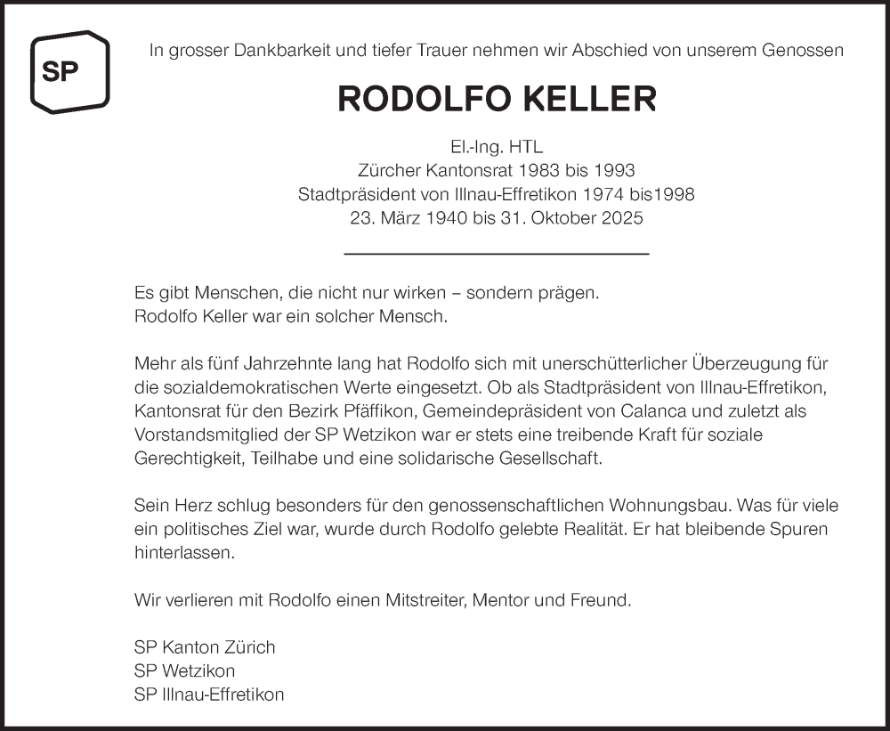  Traueranzeige für Rodolfo Keller vom 13.11.2025 aus reg_2