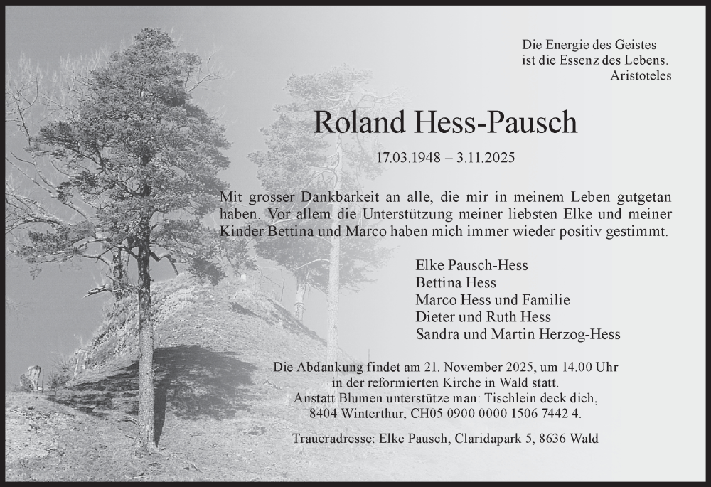  Traueranzeige für Roland Hess-Pausch vom 12.11.2025 aus AvU