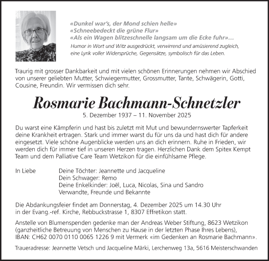 Traueranzeige von Rosmarie Bachmann-Schnetzler von reg_2