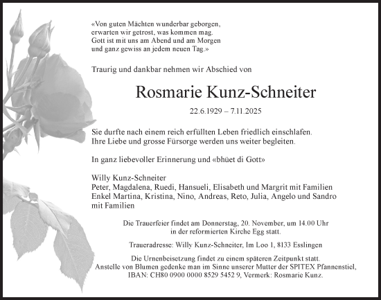 Traueranzeige von Rosmarie Kunz-Schneiter von AvU