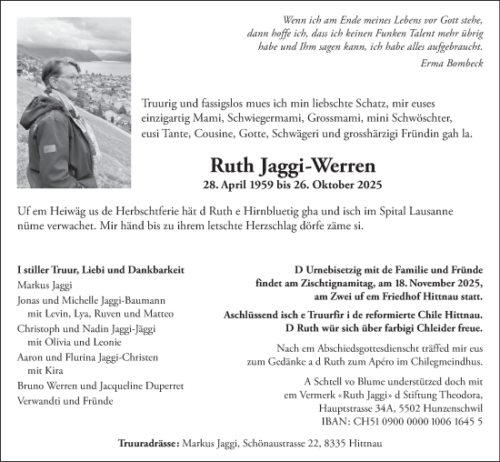 Traueranzeige von Ruth Jaggi-Werren von AvU