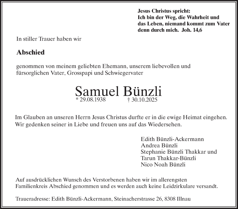  Traueranzeige für Samuel Bünzli vom 13.11.2025 aus reg_2