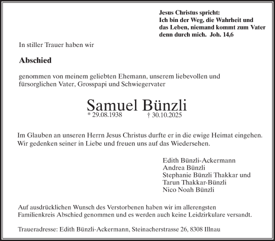 Traueranzeige von Samuel Bünzli von reg_2