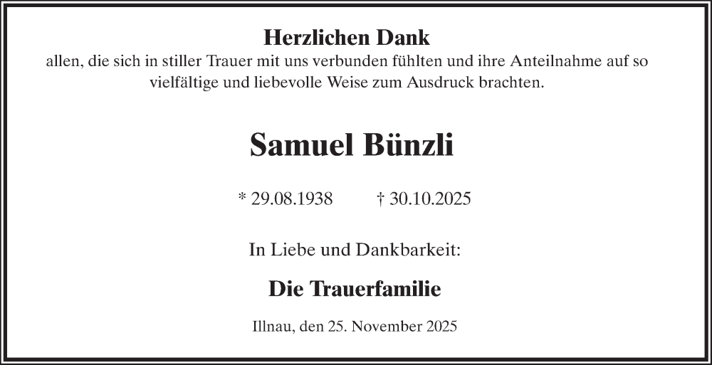  Traueranzeige für Samuel Bünzli vom 27.11.2025 aus reg_2