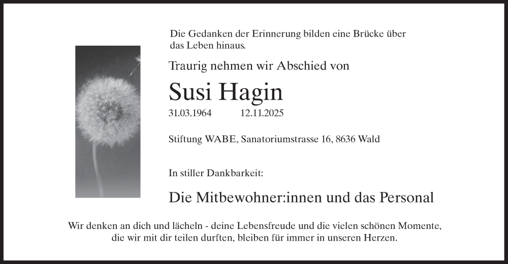  Traueranzeige für Susi Hagin vom 19.11.2025 aus AvU