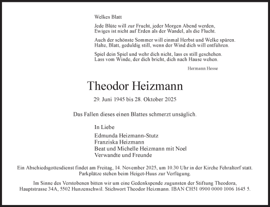 Traueranzeige von Theodor Heizmann von AvU