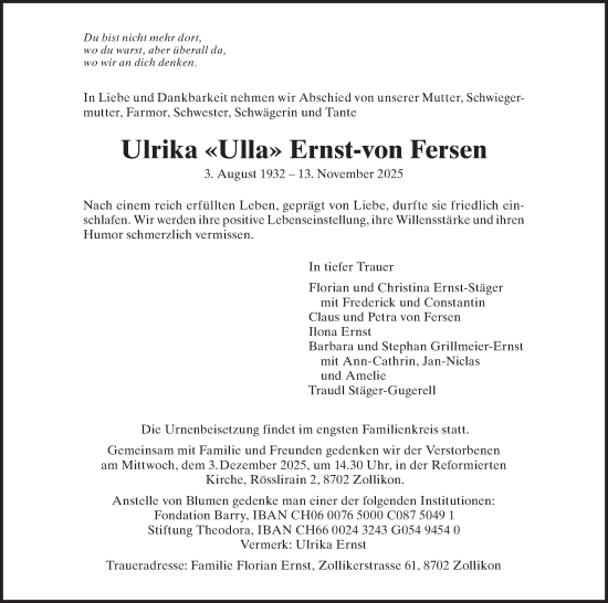 Traueranzeige von Ulrika Ernst-von Fersen von AvU