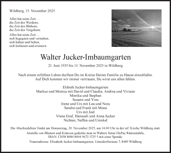Traueranzeige von Walter Jucker-Imbaumgarten von AvU