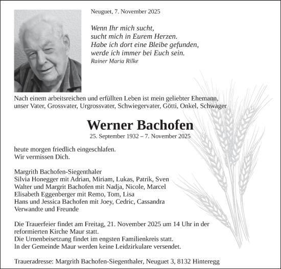 Traueranzeige von Werner Bachofen von AvU