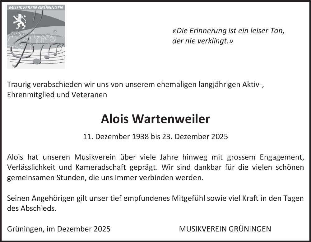  Traueranzeige für Alois Wartenweiler vom 31.12.2025 aus AvU