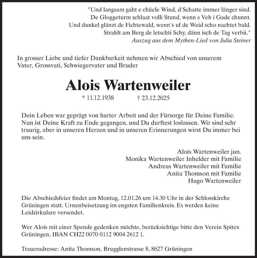  Traueranzeige für Alois Wartenweiler vom 31.12.2025 aus AvU