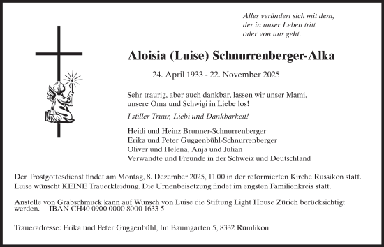 Traueranzeige von Aloisia Schnurrenberger-Alka von AvU