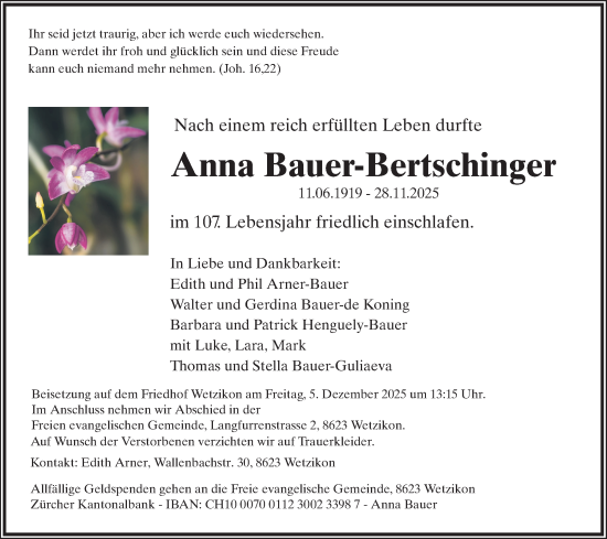 Traueranzeige von Anna Bauer-Bertschinger von AvU