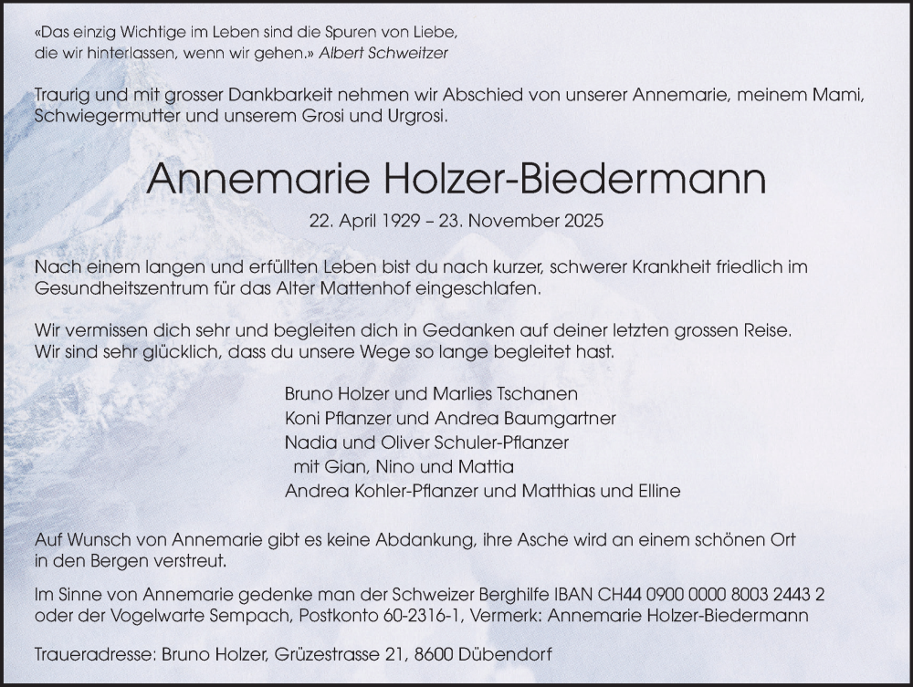  Traueranzeige für Annemarie Holzer-Biedermann vom 05.12.2025 aus GL solo