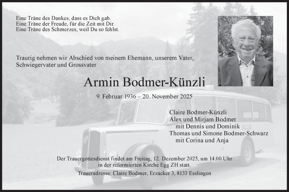  Traueranzeige für Armin Bodmer-Künzli vom 03.12.2025 aus AvU