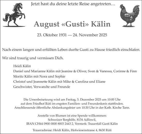 Traueranzeige von August Kälin von AvU