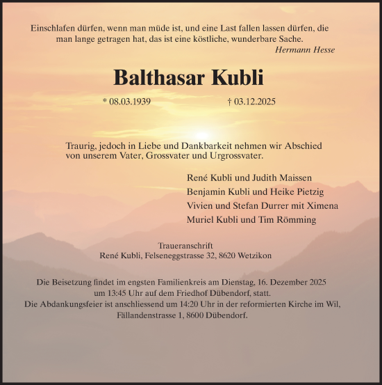 Traueranzeige von Balthasar Kubli von GL solo