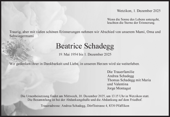 Traueranzeige von Beatrice Schadegg von AvU