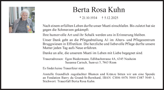 Traueranzeige von Berta Rosa Kuhn von reg_2