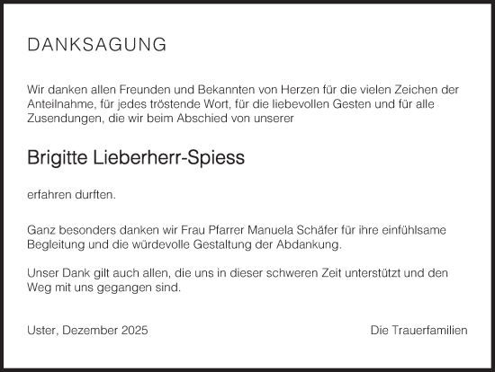 Traueranzeige von Brigitte Lieberherr-Spiess von AvU