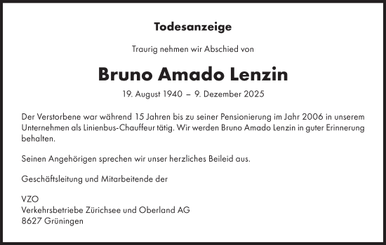 Traueranzeige von Bruno Amado Lenzin von AvU
