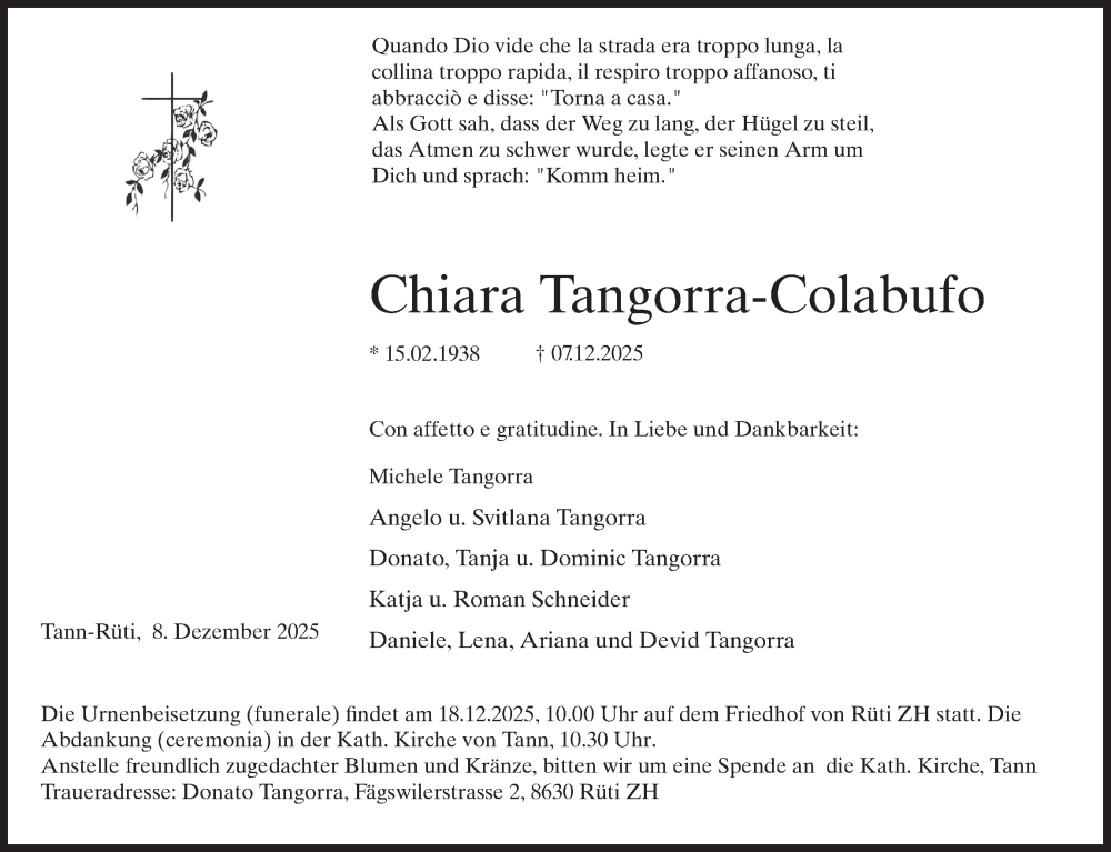  Traueranzeige für Chiara Tangorra-Colabufo vom 11.12.2025 aus AvU
