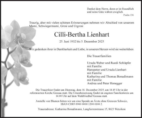 Traueranzeige von Cilli-Bertha Lienhart von AvU