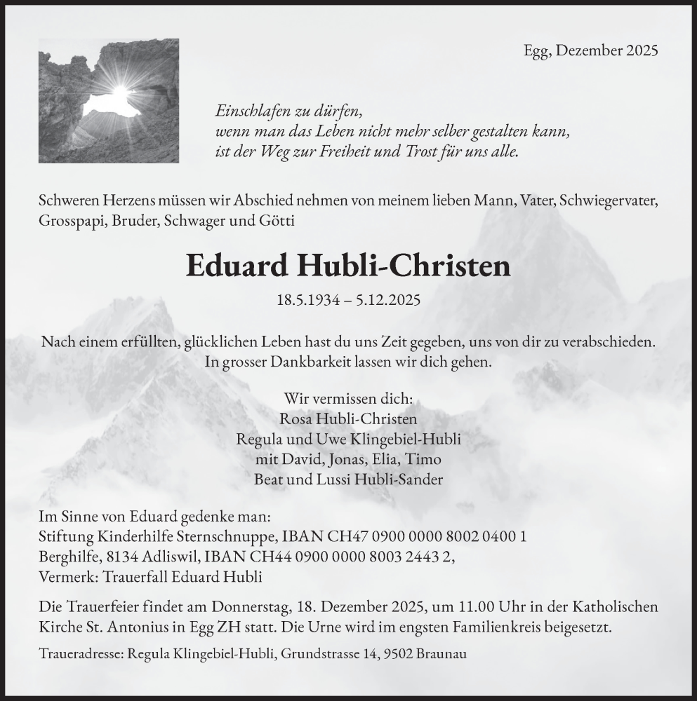  Traueranzeige für Eduard Hubli-Christen vom 12.12.2025 aus AvU