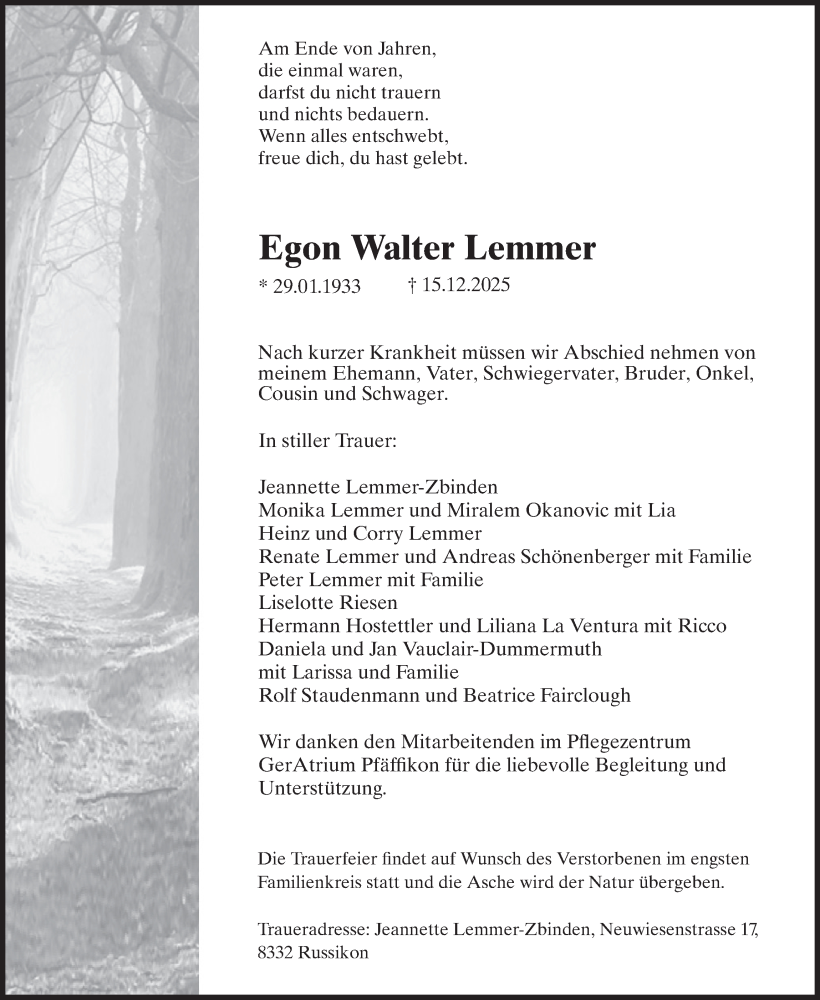  Traueranzeige für Egon Walter Lemmer vom 24.12.2025 aus AvU