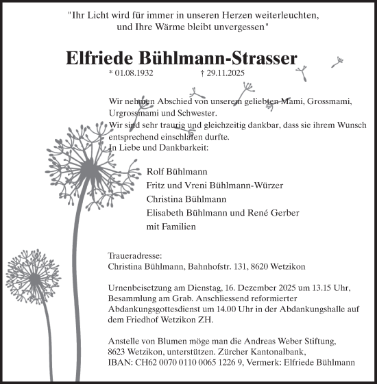Traueranzeige von Elfriede Bühlmann-Strasser von AvU