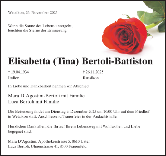 Traueranzeige von Elisabetta Bertoli-Battiston von AvU