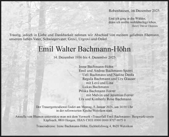 Traueranzeige von Emil Walter Bachmann-Höhn von AvU