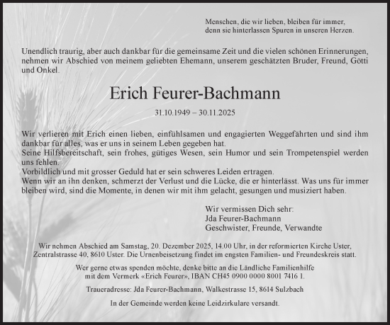 Traueranzeige von Erich Feurer-Bachmann von AvU