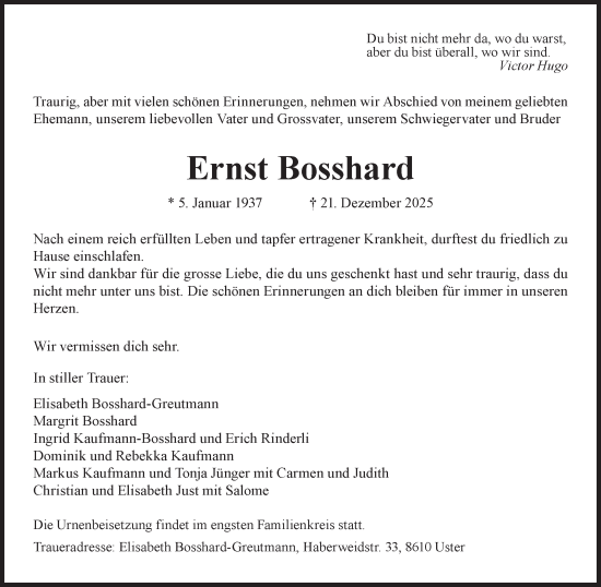 Traueranzeige von Ernst Bosshard von AvU