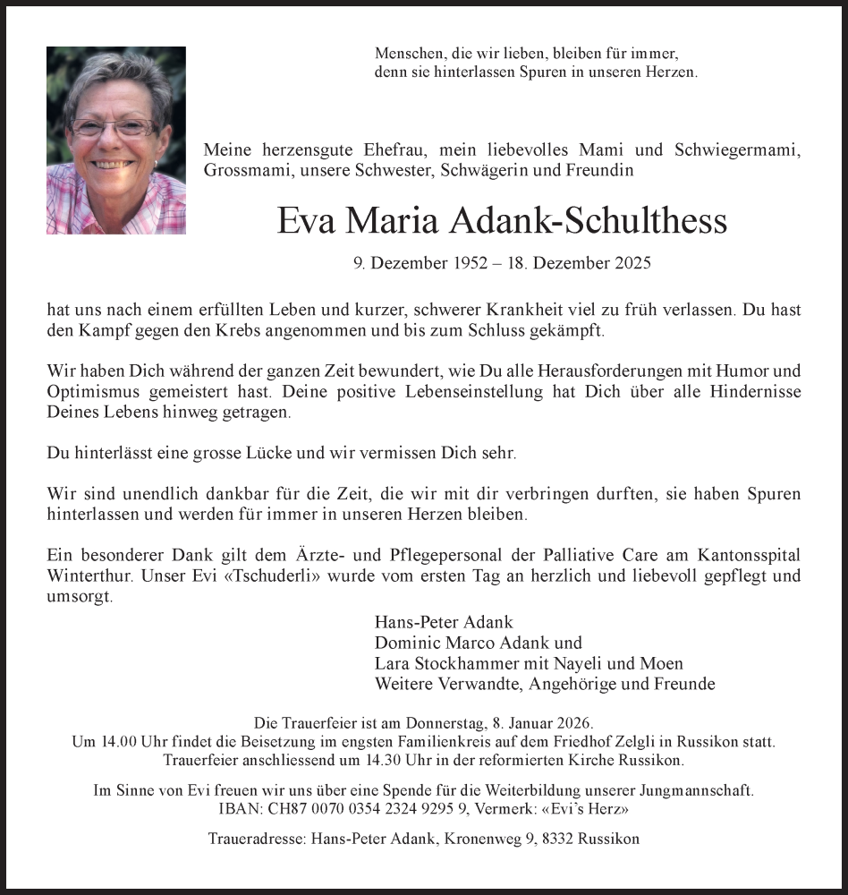  Traueranzeige für Eva Maria Adank-Schulthess vom 24.12.2025 aus AvU