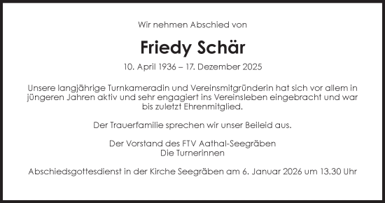 Traueranzeige von Friedy Schär von AvU