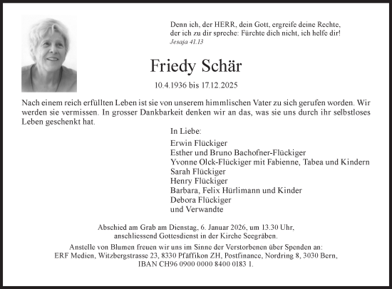 Traueranzeige von Friedy Schär von AvU
