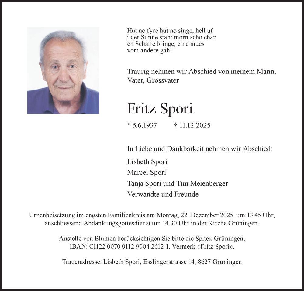  Traueranzeige für Fritz Spori vom 17.12.2025 aus AvU